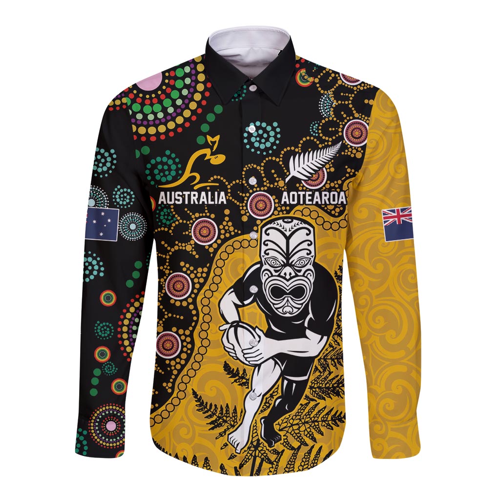 Custom New Zealand and Australia Rugby Long Sleeve Button Shirt Maori Warrior With Aboriginal Version