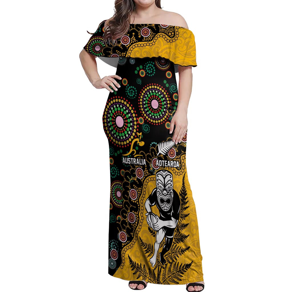 Custom New Zealand and Australia Rugby Off Shoulder Maxi Dress Maori Warrior With Aboriginal Version