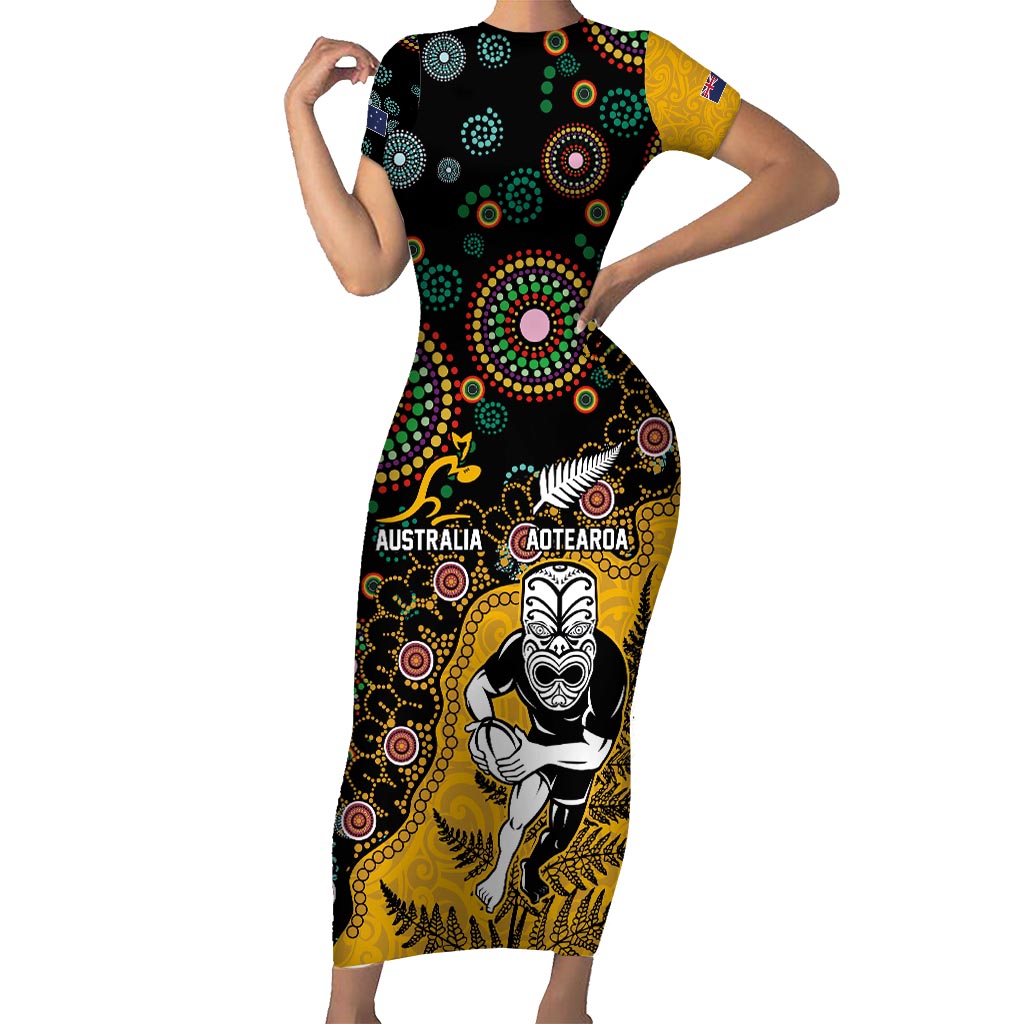 Custom New Zealand and Australia Rugby Short Sleeve Bodycon Dress Maori Warrior With Aboriginal Version