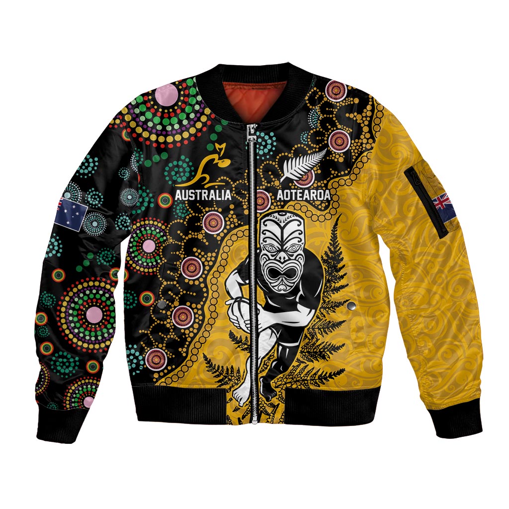 Custom New Zealand and Australia Rugby Sleeve Zip Bomber Jacket Maori Warrior With Aboriginal Version