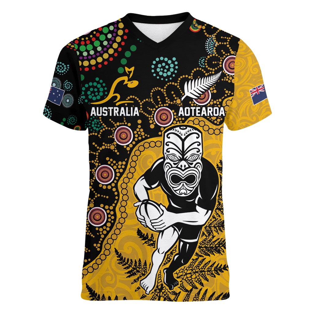Custom New Zealand and Australia Rugby Women V-Neck T-Shirt Maori Warrior With Aboriginal Version