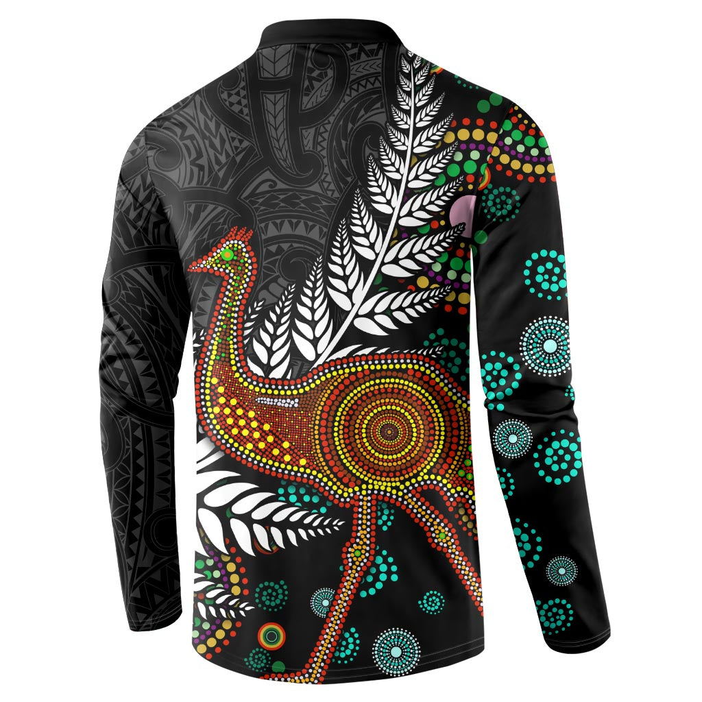 New Zealand Fern and Australia Emu Button Sweatshirt Aboriginal Mix Maori Pattern LT03 - Polynesian Pride