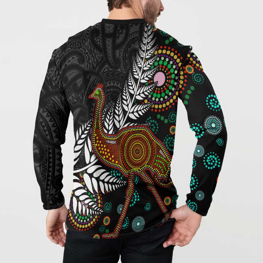New Zealand Fern and Australia Emu Button Sweatshirt Aboriginal Mix Maori Pattern LT03 - Polynesian Pride