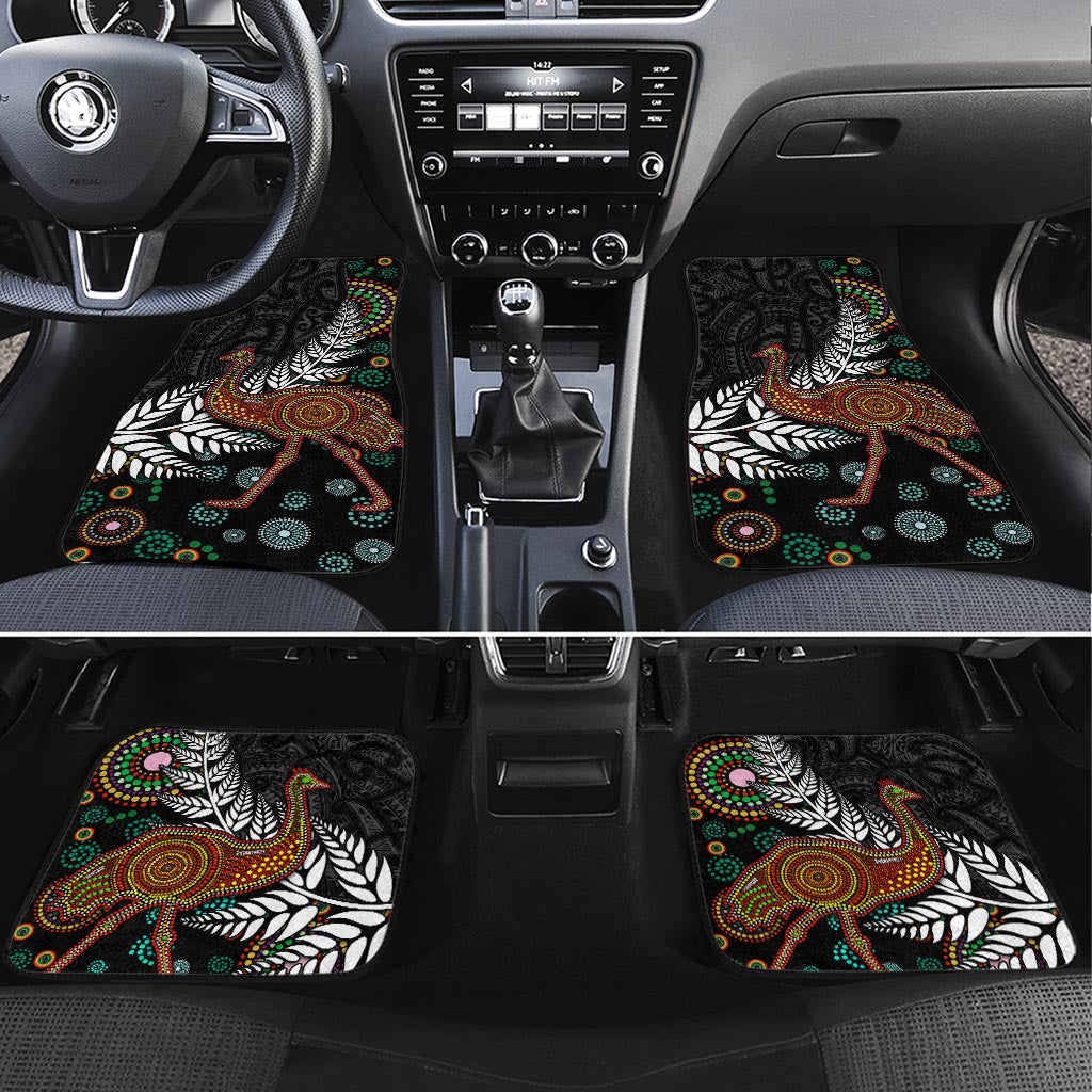 New Zealand Fern and Australia Emu Car Mats Aboriginal Mix Maori Pattern LT03 Set 4pcs Blue - Polynesian Pride