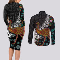 New Zealand Fern and Australia Emu Couples Matching Long Sleeve Bodycon Dress and Long Sleeve Button Shirt Aboriginal Mix Maori Pattern