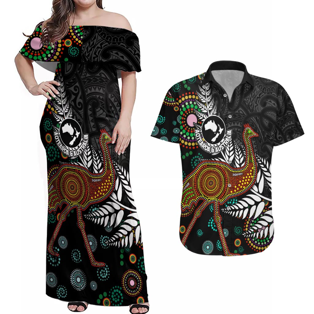 New Zealand Fern and Australia Emu Couples Matching Off Shoulder Maxi Dress and Hawaiian Shirt Aboriginal Mix Maori Pattern