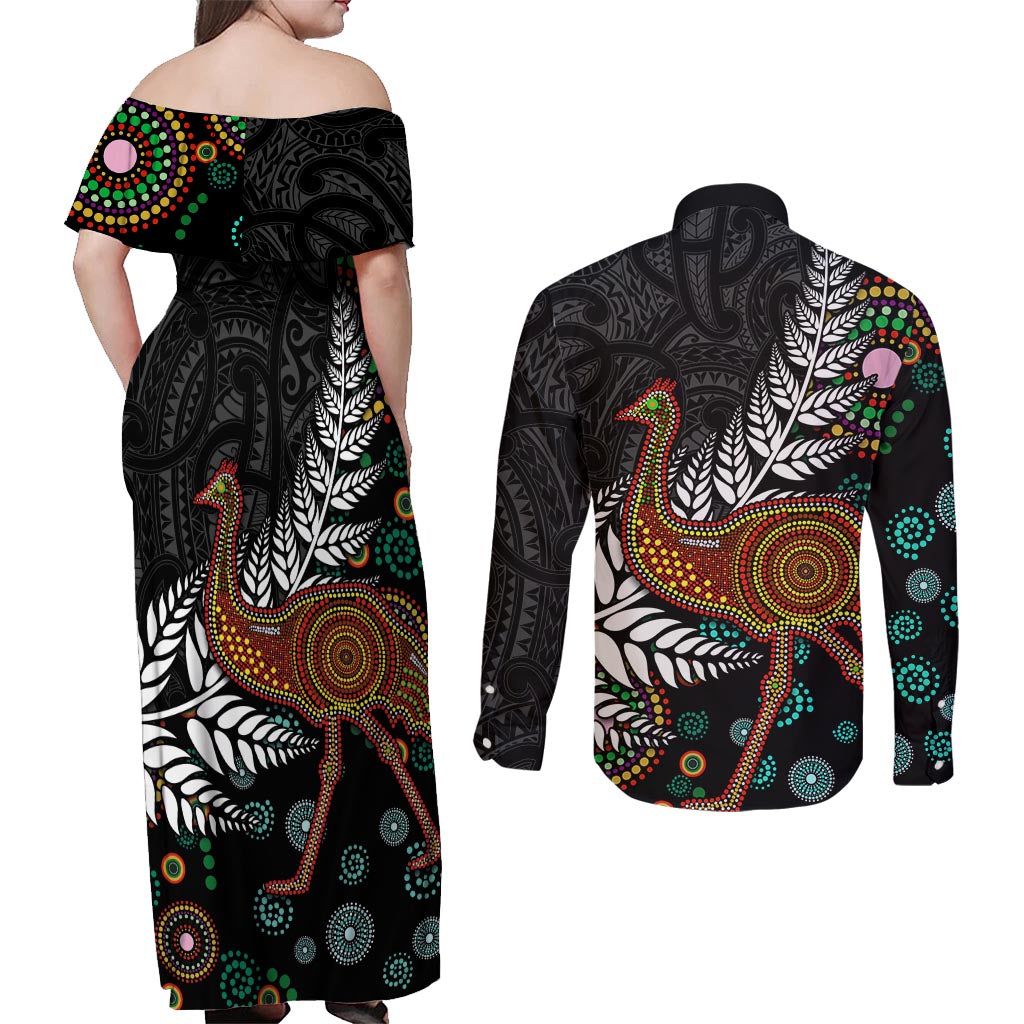New Zealand Fern and Australia Emu Couples Matching Off Shoulder Maxi Dress and Long Sleeve Button Shirt Aboriginal Mix Maori Pattern