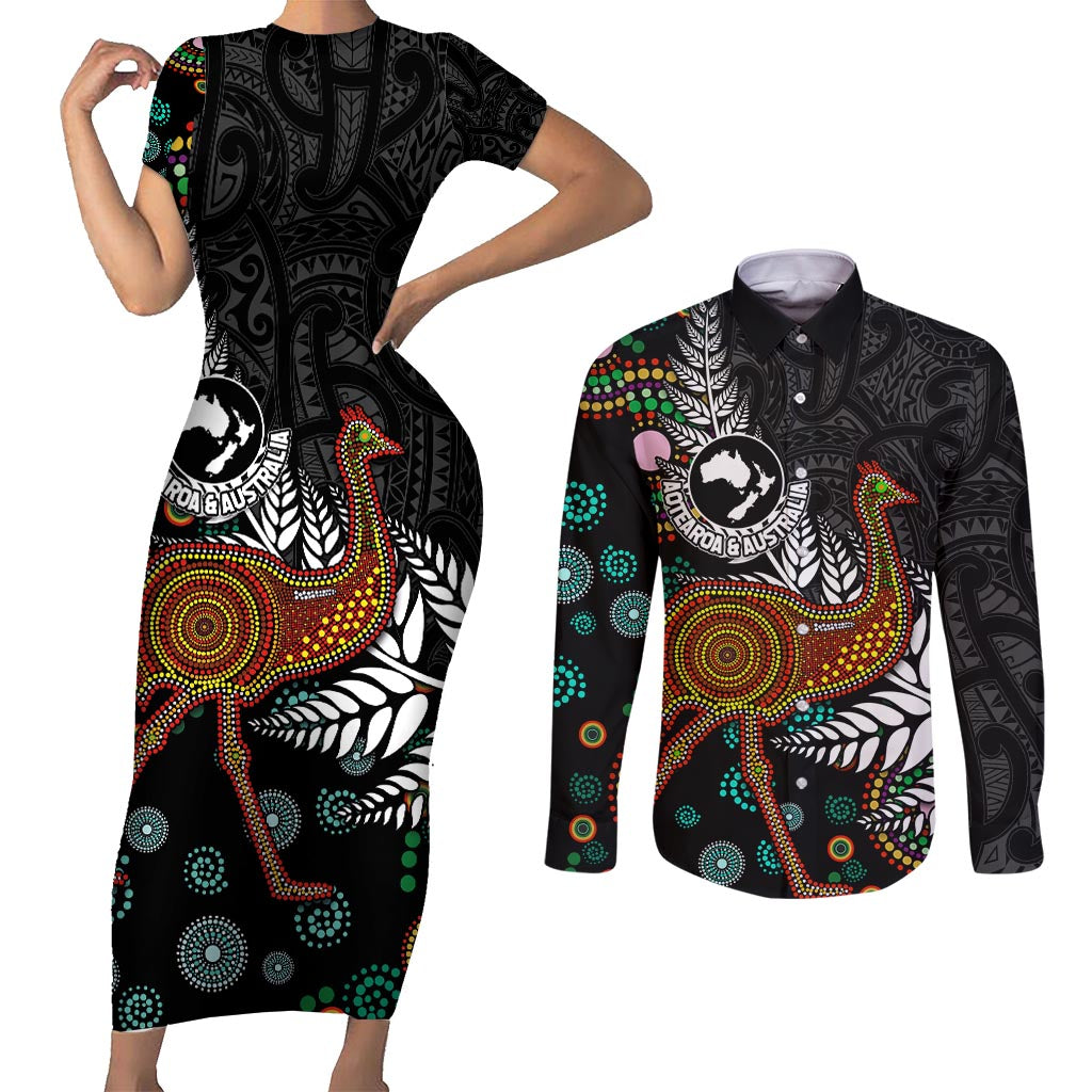 New Zealand Fern and Australia Emu Couples Matching Short Sleeve Bodycon Dress and Long Sleeve Button Shirt Aboriginal Mix Maori Pattern LT03 Blue - Polynesian Pride