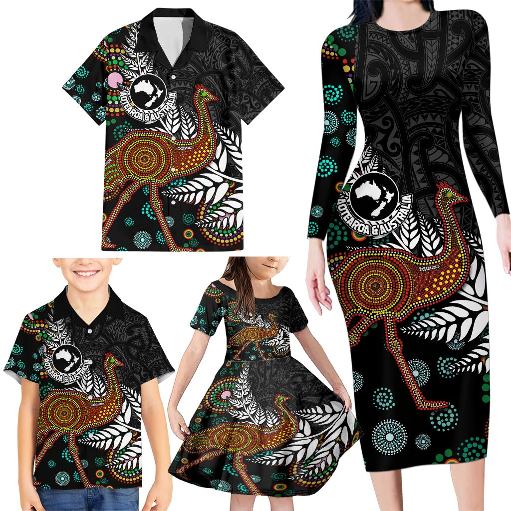 New Zealand Fern and Australia Emu Family Matching Long Sleeve Bodycon Dress and Hawaiian Shirt Aboriginal Mix Maori Pattern