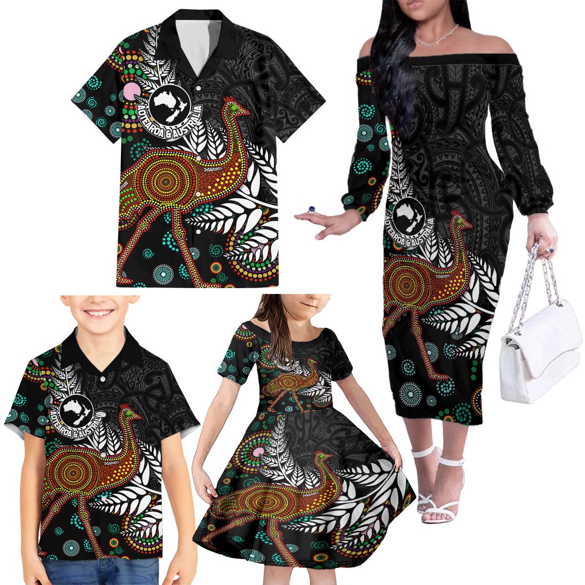 New Zealand Fern and Australia Emu Family Matching Off The Shoulder Long Sleeve Dress and Hawaiian Shirt Aboriginal Mix Maori Pattern