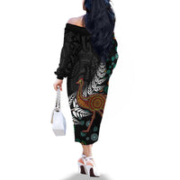 New Zealand Fern and Australia Emu Family Matching Off The Shoulder Long Sleeve Dress and Hawaiian Shirt Aboriginal Mix Maori Pattern