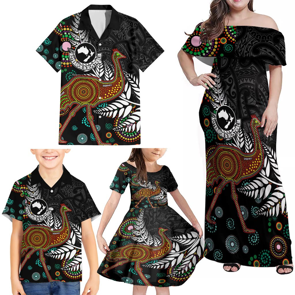 New Zealand Fern and Australia Emu Family Matching Off Shoulder Maxi Dress and Hawaiian Shirt Aboriginal Mix Maori Pattern