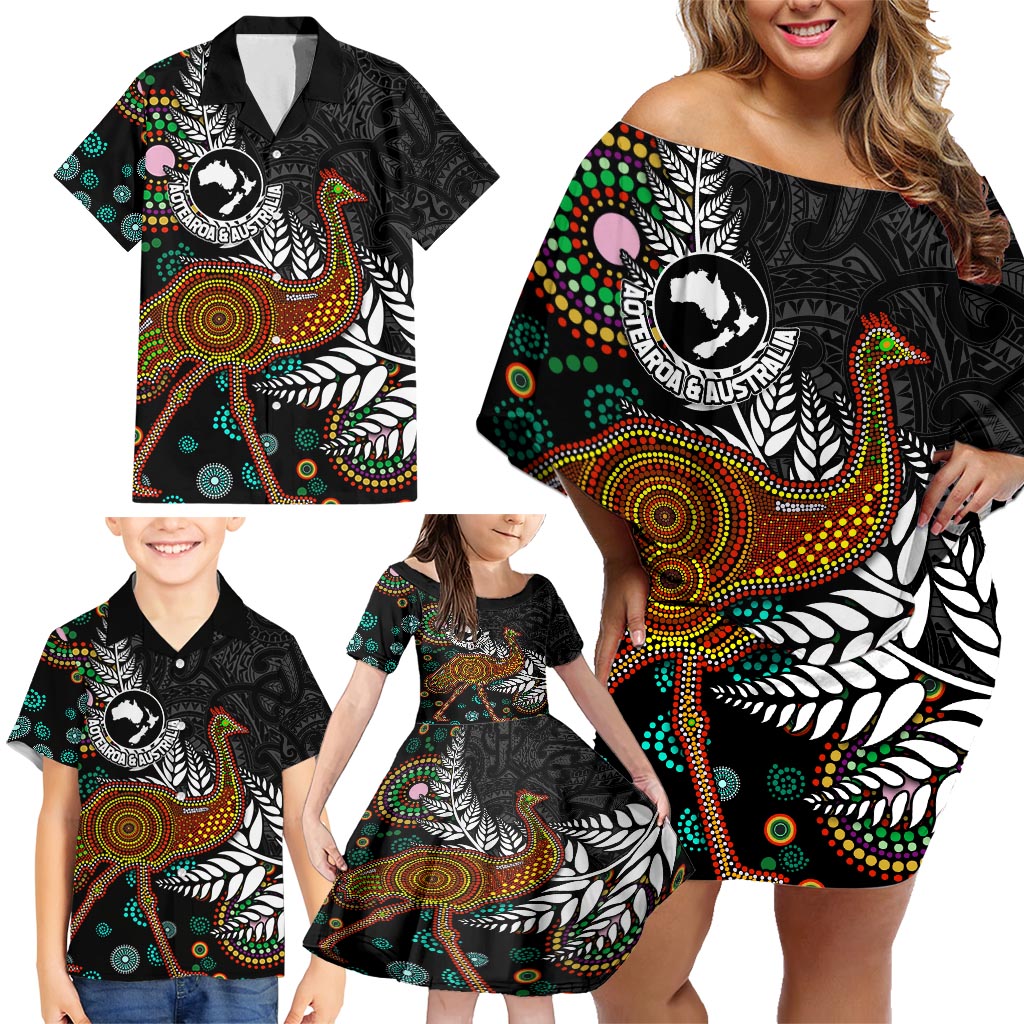 New Zealand Fern and Australia Emu Family Matching Off Shoulder Short Dress and Hawaiian Shirt Aboriginal Mix Maori Pattern