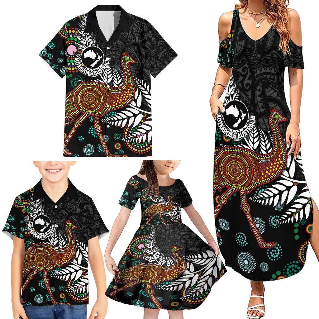 New Zealand Fern and Australia Emu Family Matching Summer Maxi Dress and Hawaiian Shirt Aboriginal Mix Maori Pattern