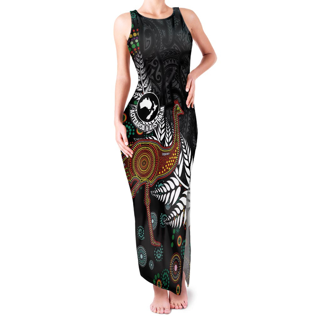 New Zealand Fern and Australia Emu Family Matching Tank Maxi Dress and Hawaiian Shirt Aboriginal Mix Maori Pattern