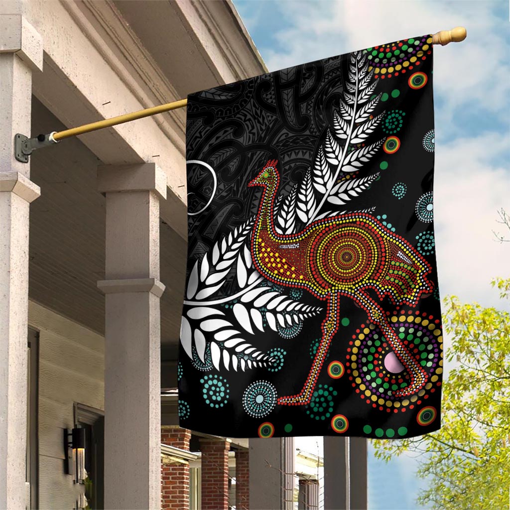 New Zealand Fern and Australia Emu Garden Flag Aboriginal Mix Maori Pattern LT03 House Flag Blue - Polynesian Pride