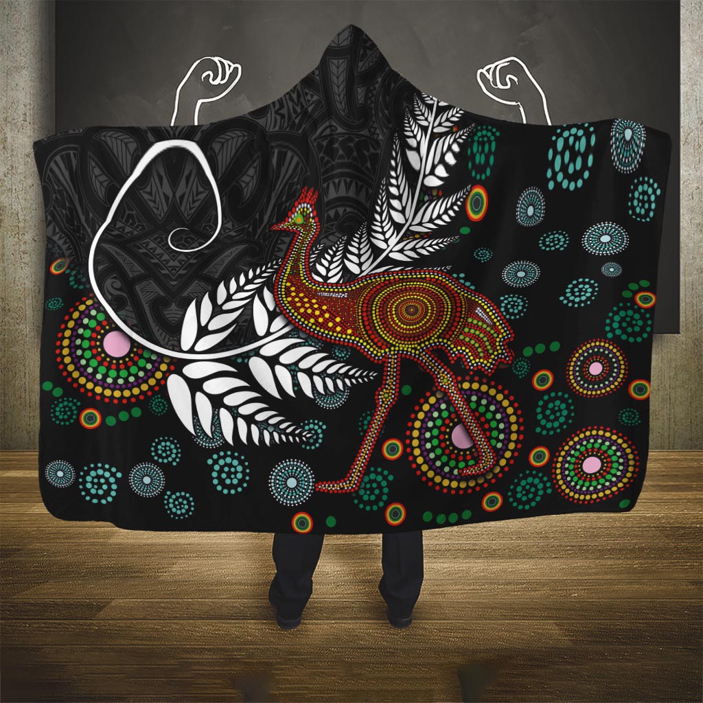 New Zealand Fern and Australia Emu Hooded Blanket Aboriginal Mix Maori Pattern LT03 One Size Blue - Polynesian Pride