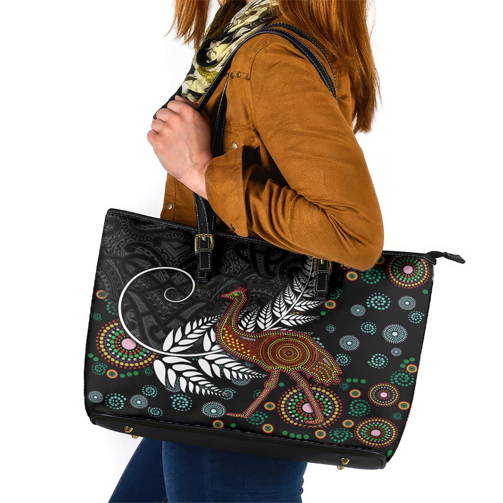 New Zealand Fern and Australia Emu Leather Tote Bag Aboriginal Mix Maori Pattern LT03 Blue - Polynesian Pride