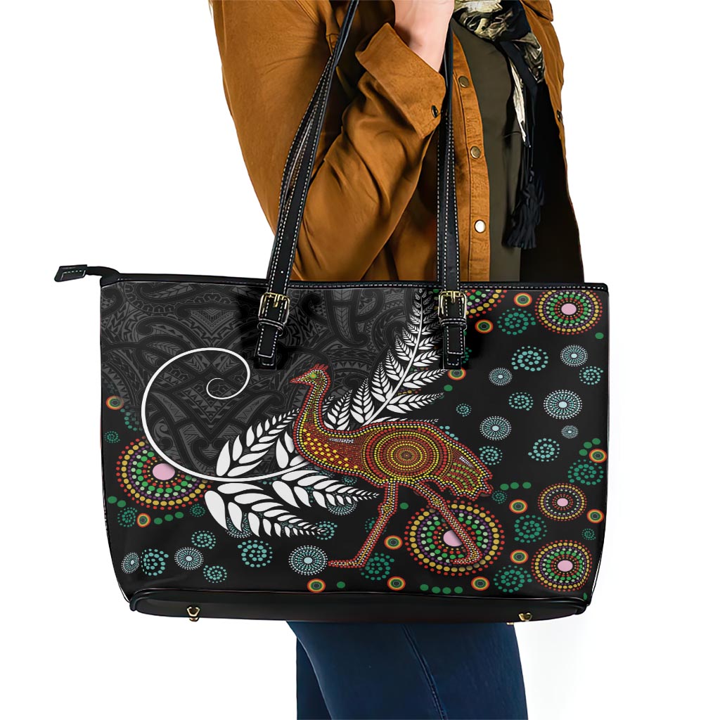 New Zealand Fern and Australia Emu Leather Tote Bag Aboriginal Mix Maori Pattern LT03 - Polynesian Pride