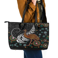 New Zealand Fern and Australia Emu Leather Tote Bag Aboriginal Mix Maori Pattern LT03 - Polynesian Pride