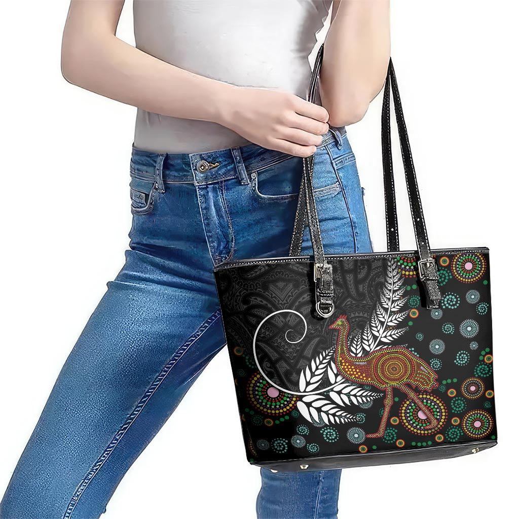 New Zealand Fern and Australia Emu Leather Tote Bag Aboriginal Mix Maori Pattern LT03 - Polynesian Pride