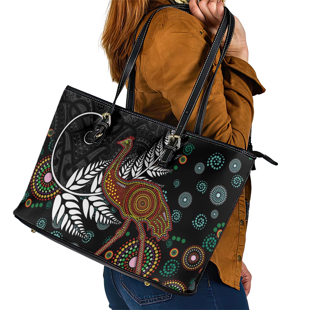 New Zealand Fern and Australia Emu Leather Tote Bag Aboriginal Mix Maori Pattern LT03 - Polynesian Pride
