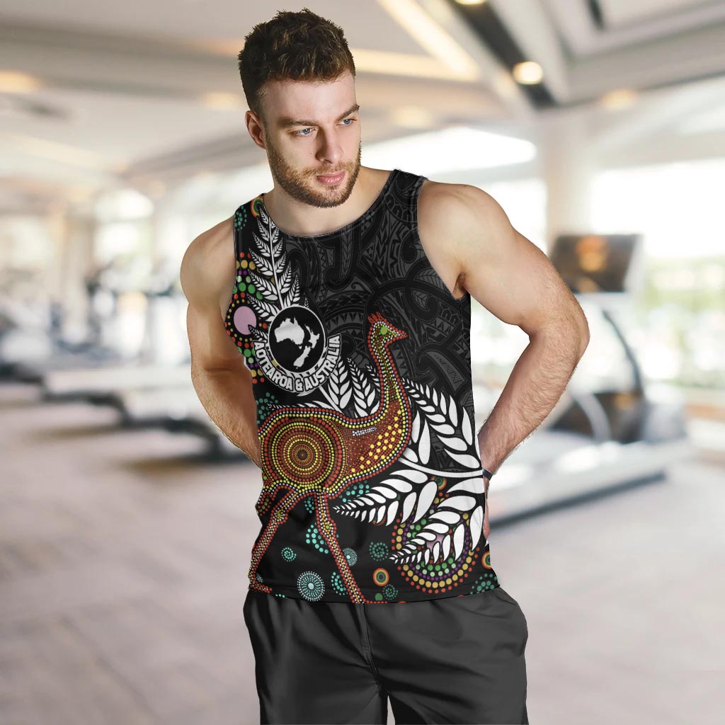 New Zealand Fern and Australia Emu Men Tank Top Aboriginal Mix Maori Pattern LT03 Blue - Polynesian Pride