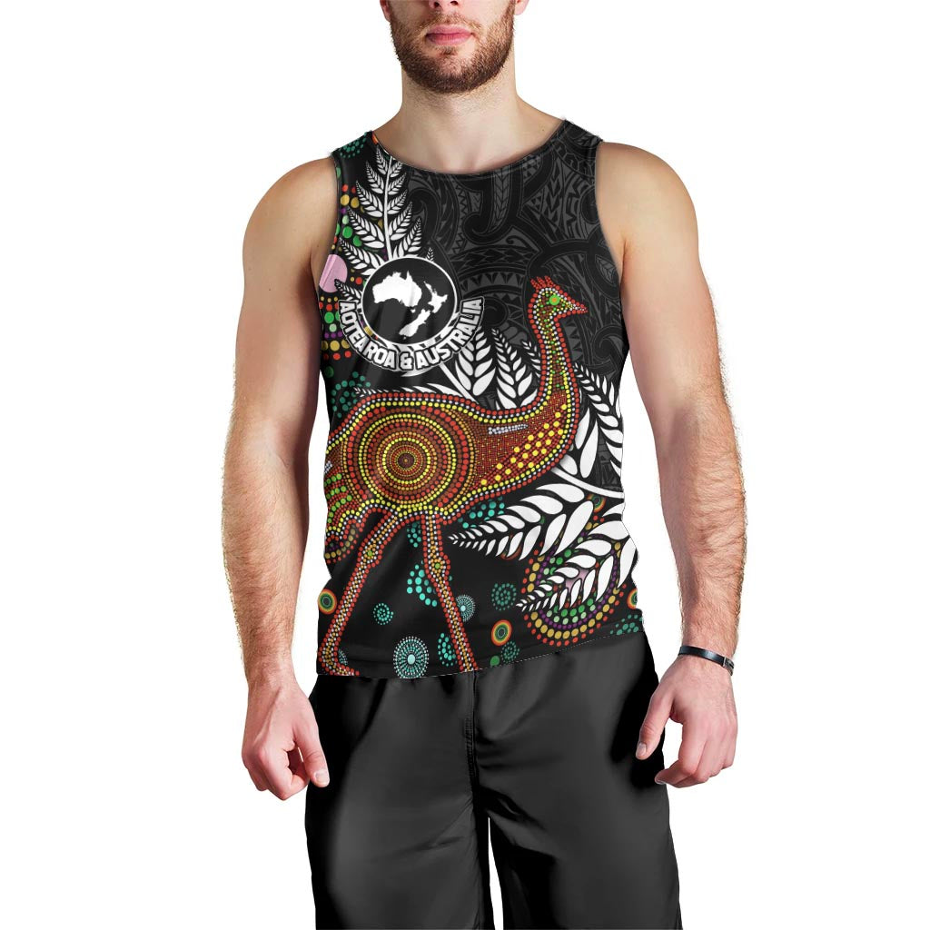 New Zealand Fern and Australia Emu Men Tank Top Aboriginal Mix Maori Pattern LT03 - Polynesian Pride