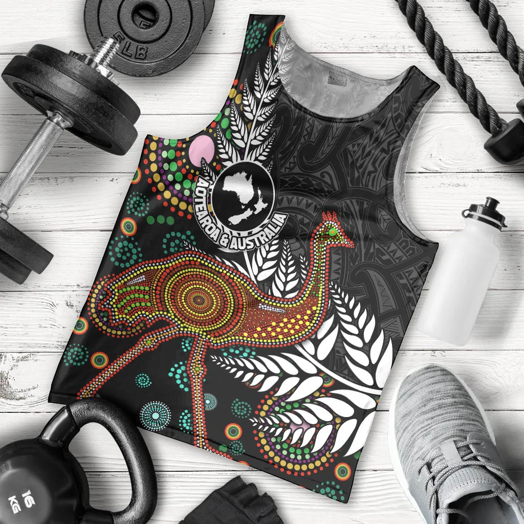 New Zealand Fern and Australia Emu Men Tank Top Aboriginal Mix Maori Pattern LT03 - Polynesian Pride