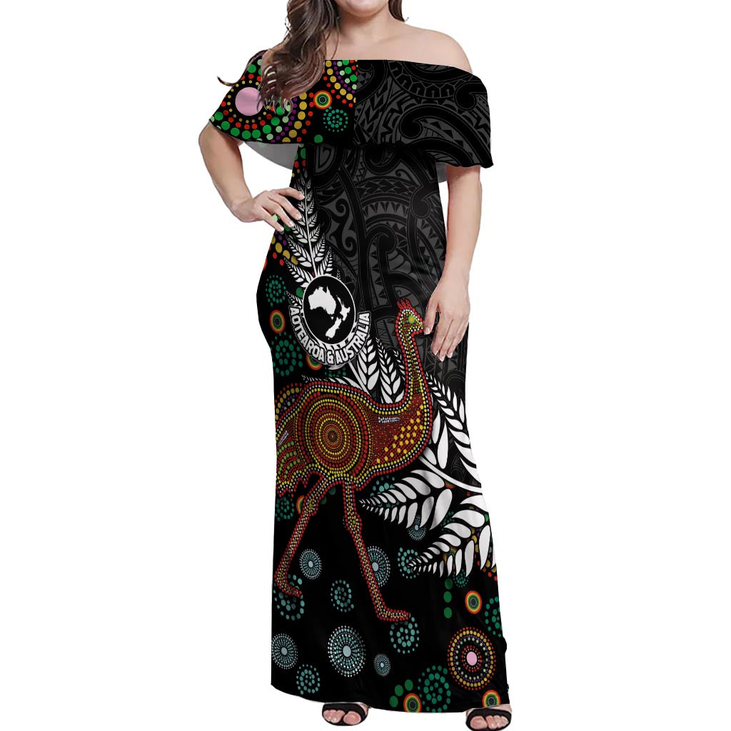 New Zealand Fern and Australia Emu Off Shoulder Maxi Dress Aboriginal Mix Maori Pattern