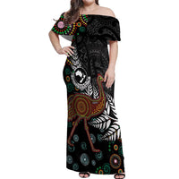 New Zealand Fern and Australia Emu Off Shoulder Maxi Dress Aboriginal Mix Maori Pattern