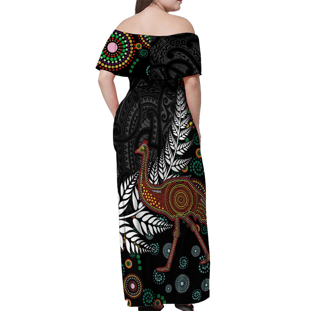 New Zealand Fern and Australia Emu Off Shoulder Maxi Dress Aboriginal Mix Maori Pattern