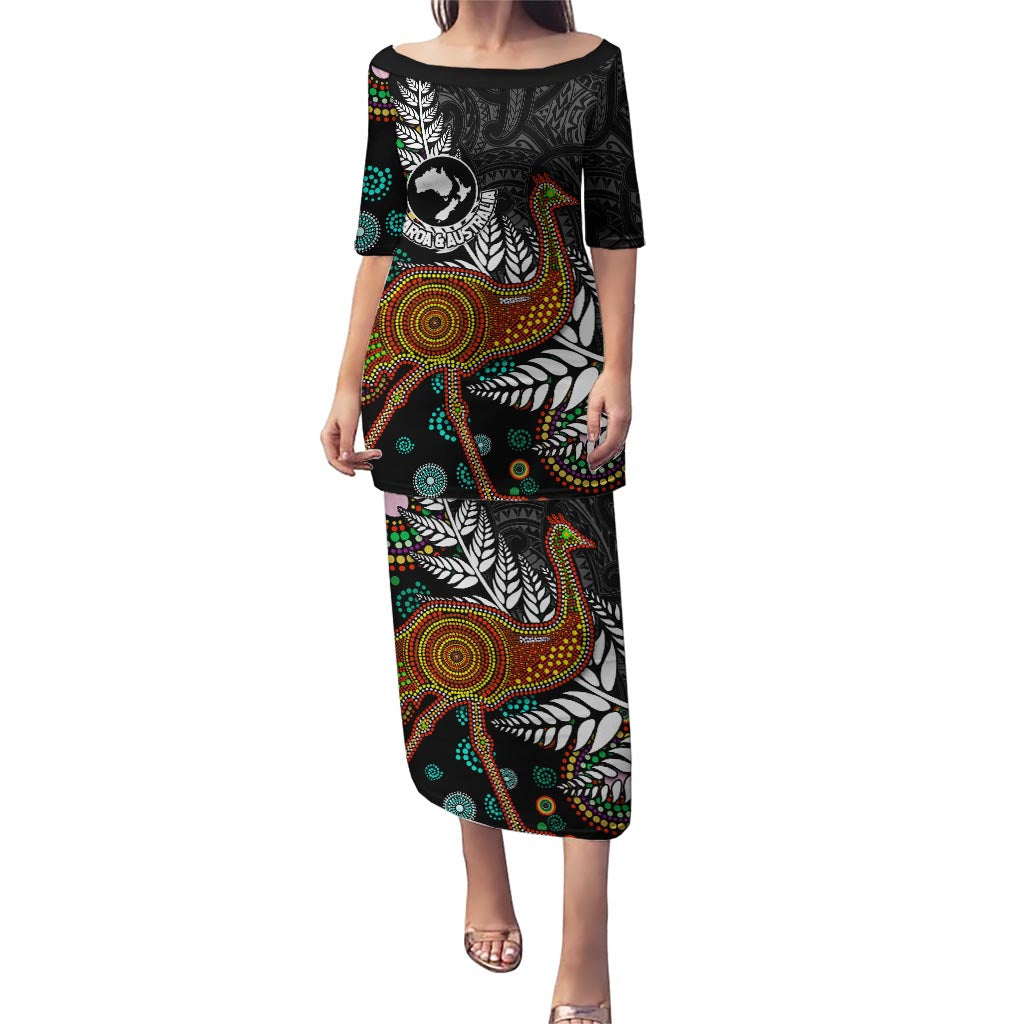 New Zealand Fern and Australia Emu Puletasi Aboriginal Mix Maori Pattern LT03 Long Dress Blue - Polynesian Pride