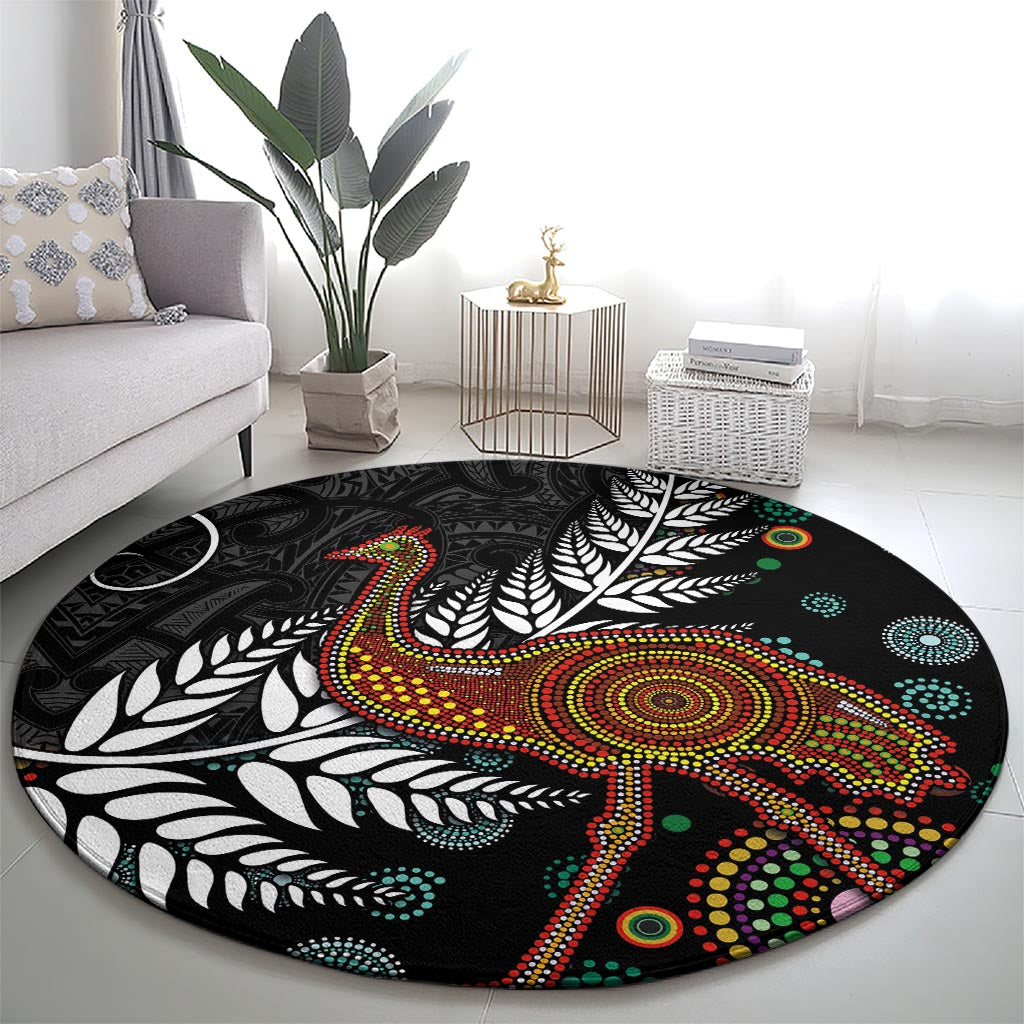 New Zealand Fern and Australia Emu Round Carpet Aboriginal Mix Maori Pattern