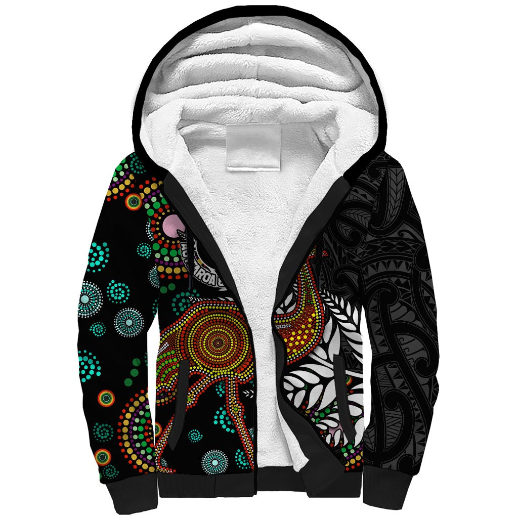 New Zealand Fern and Australia Emu Sherpa Hoodie Aboriginal Mix Maori Pattern LT03 Unisex Blue - Polynesian Pride