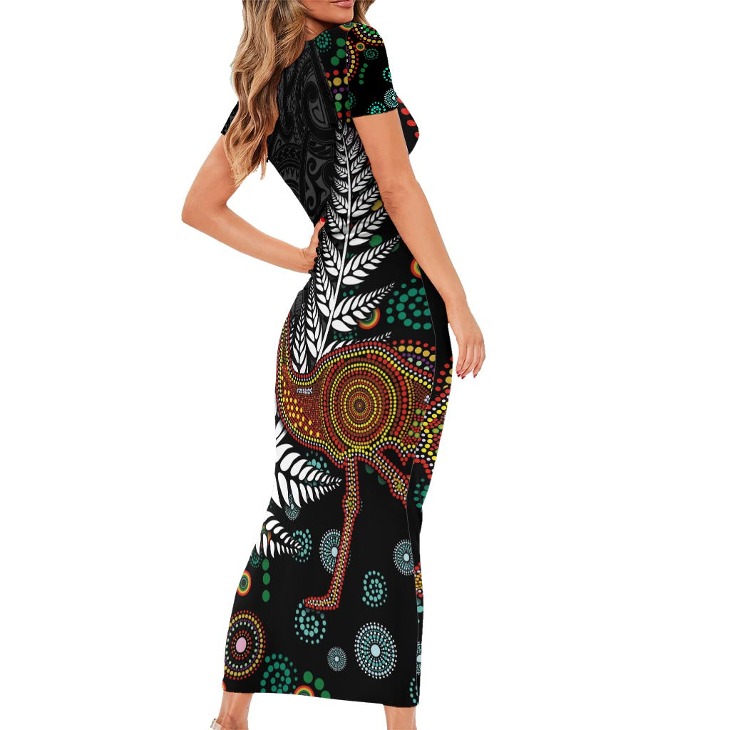 New Zealand Fern and Australia Emu Short Sleeve Bodycon Dress Aboriginal Mix Maori Pattern