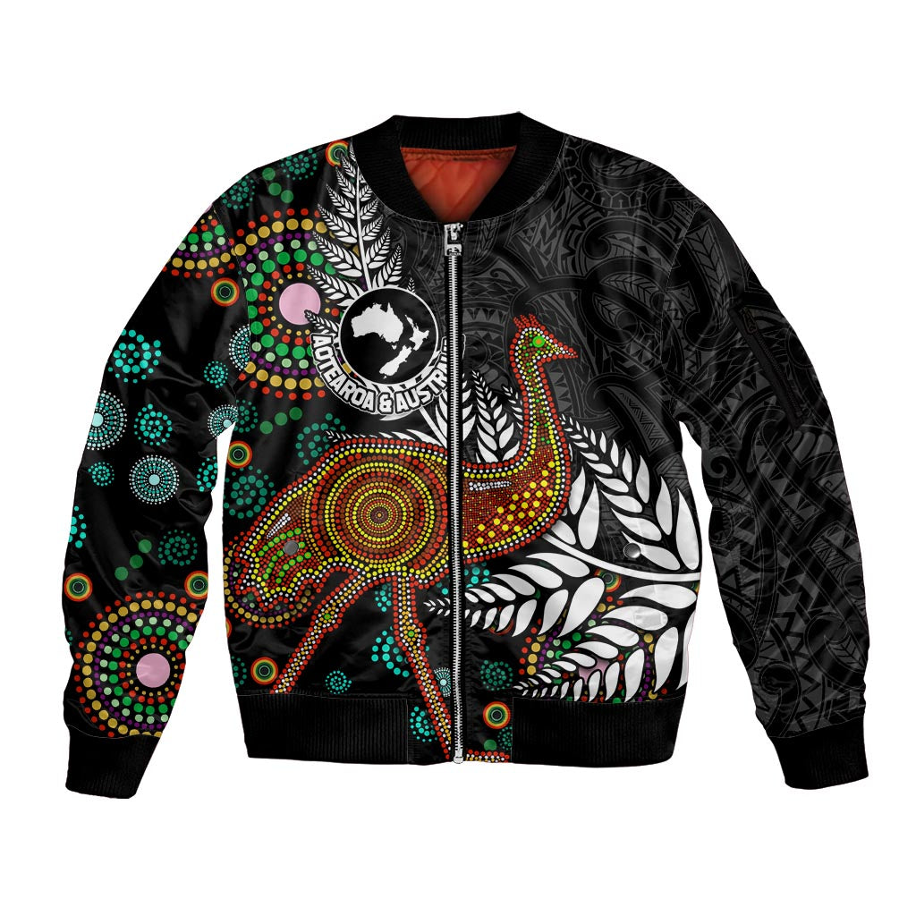 New Zealand Fern and Australia Emu Sleeve Zip Bomber Jacket Aboriginal Mix Maori Pattern LT03 Unisex Blue - Polynesian Pride