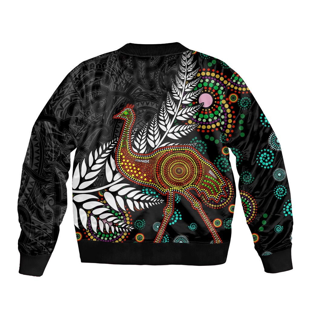 New Zealand Fern and Australia Emu Sleeve Zip Bomber Jacket Aboriginal Mix Maori Pattern LT03 - Polynesian Pride