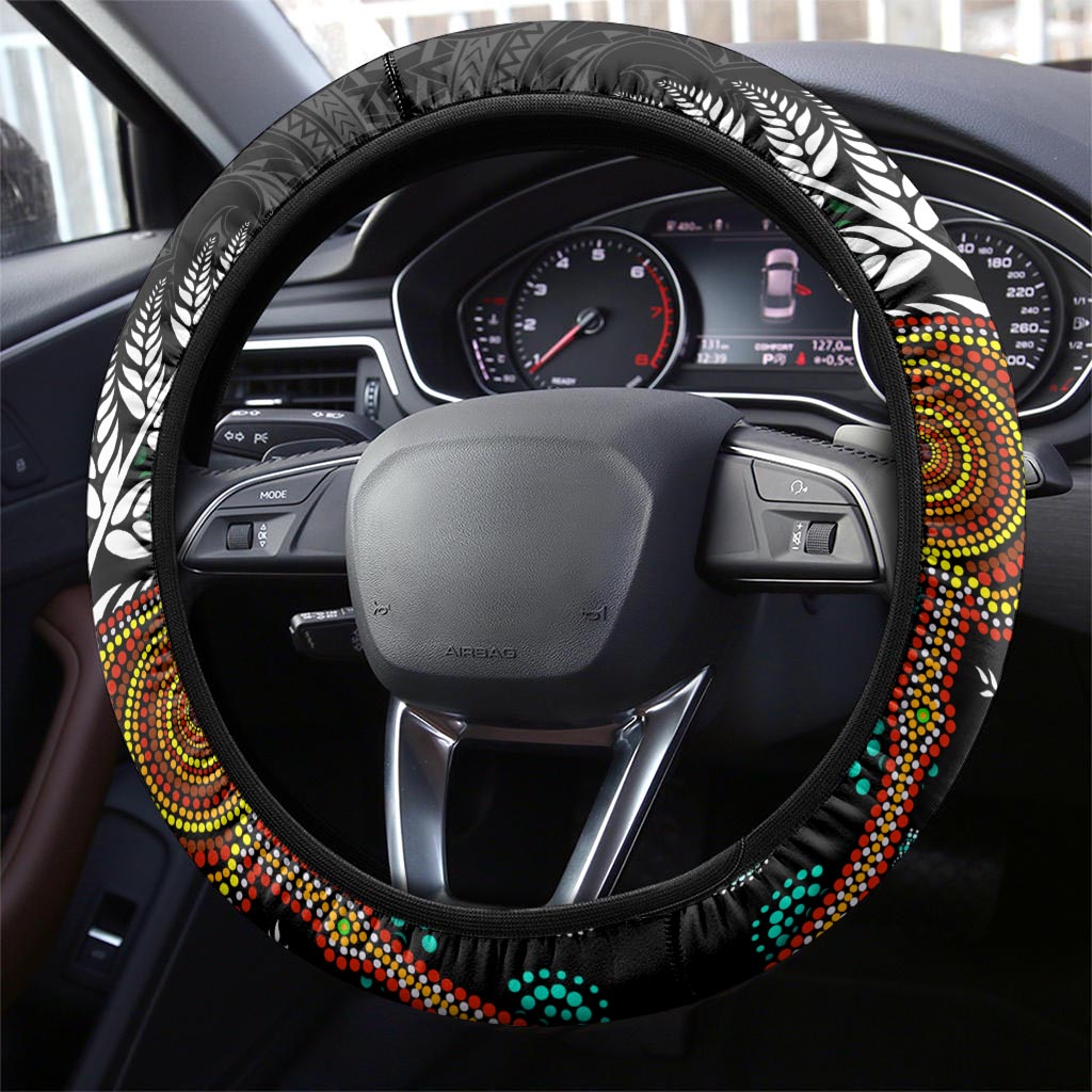 New Zealand Fern and Australia Emu Steering Wheel Cover Aboriginal Mix Maori Pattern LT03 - Polynesian Pride
