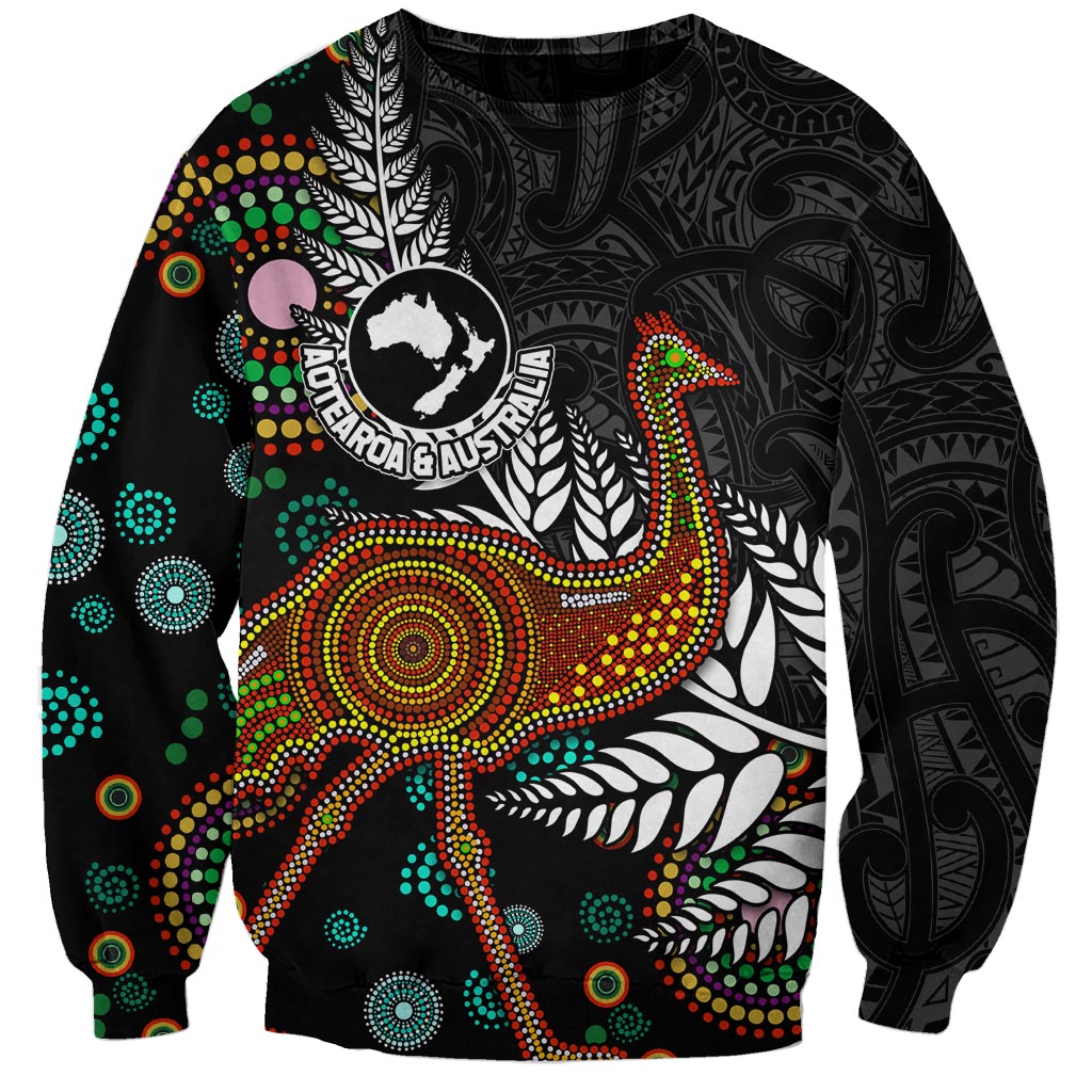 New Zealand Fern and Australia Emu Sweatshirt Aboriginal Mix Maori Pattern LT03 Unisex Blue - Polynesian Pride
