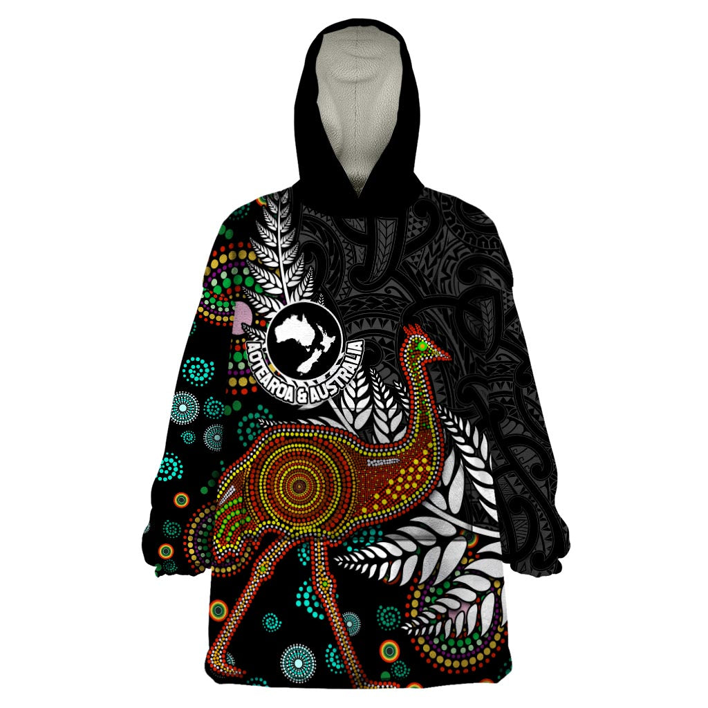 New Zealand Fern and Australia Emu Wearable Blanket Hoodie Aboriginal Mix Maori Pattern