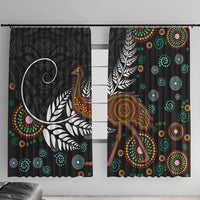 New Zealand Fern and Australia Emu Window Curtain Aboriginal Mix Maori Pattern LT03 With Hooks Blue - Polynesian Pride