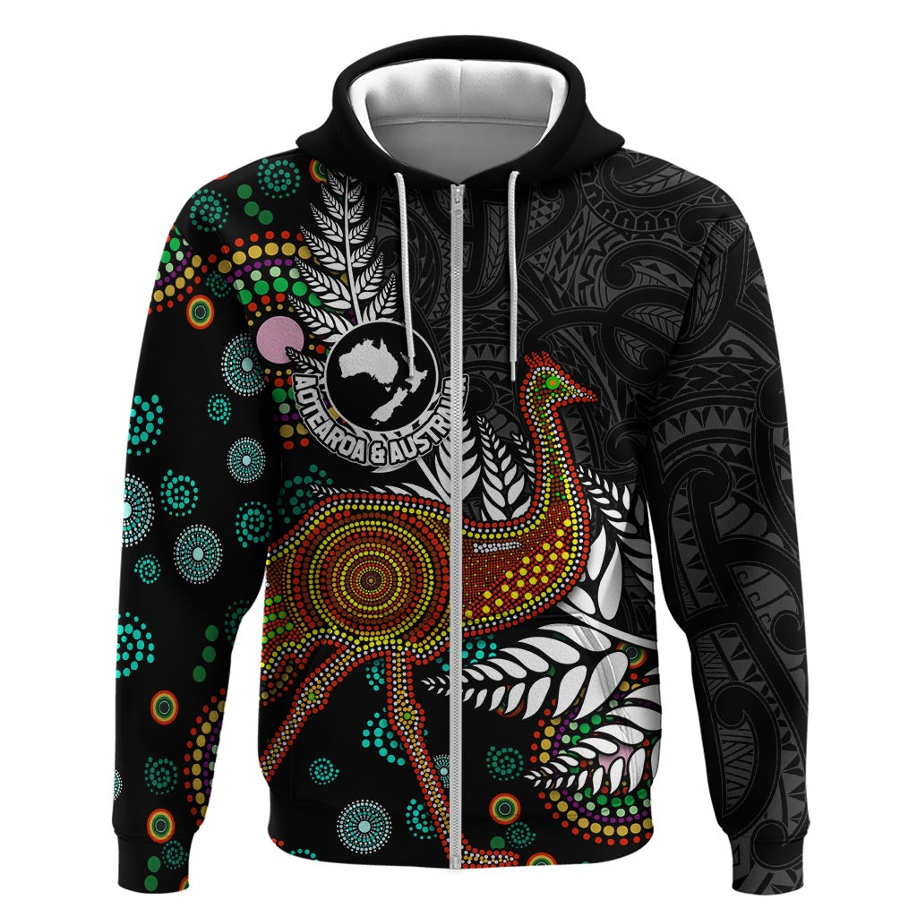 New Zealand Fern and Australia Emu Zip Hoodie Aboriginal Mix Maori Pattern