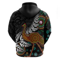 New Zealand Fern and Australia Emu Zip Hoodie Aboriginal Mix Maori Pattern