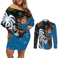 Fiji Palm Tree and Australia Kangaroo Couples Matching Off Shoulder Short Dress and Long Sleeve Button Shirt Aboriginal Mix Tapa Pattern