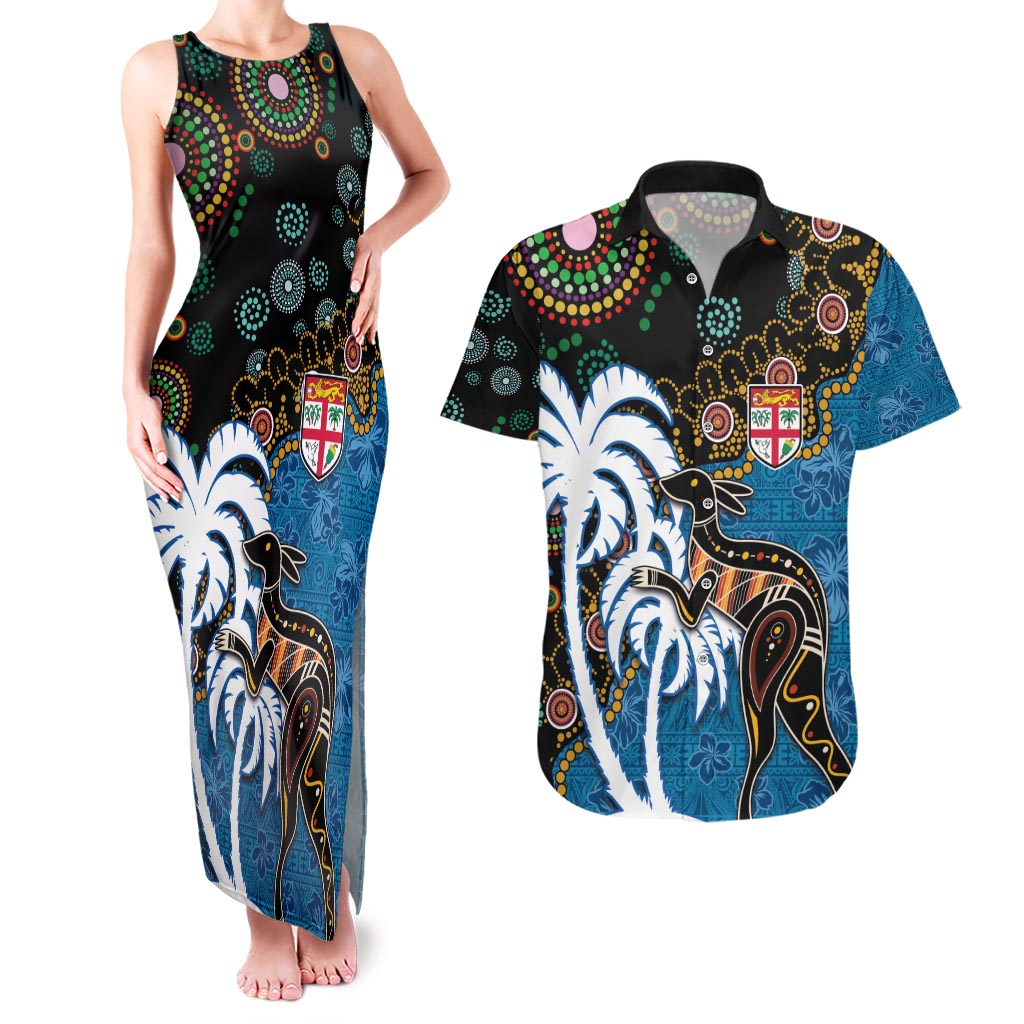 Fiji Palm Tree and Australia Kangaroo Couples Matching Tank Maxi Dress and Hawaiian Shirt Aboriginal Mix Tapa Pattern