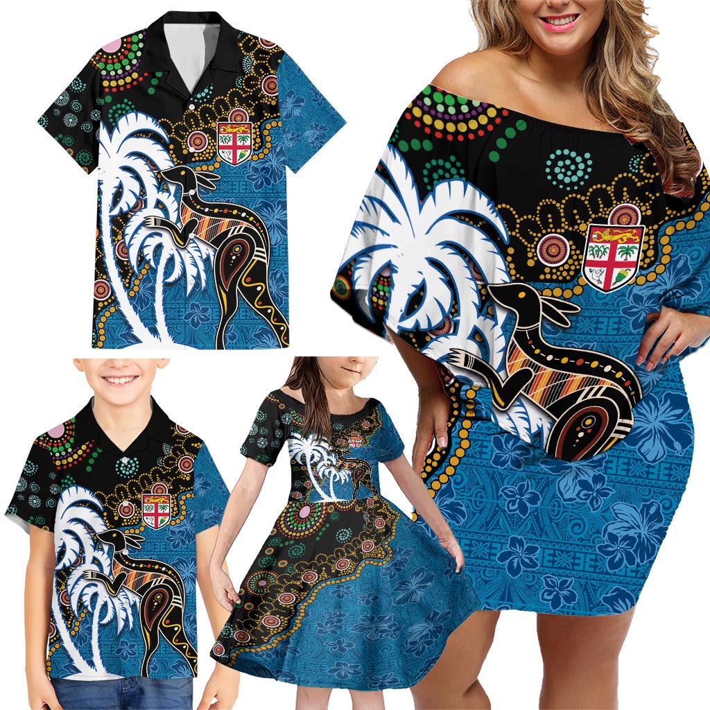 Fiji Palm Tree and Australia Kangaroo Family Matching Off Shoulder Short Dress and Hawaiian Shirt Aboriginal Mix Tapa Pattern