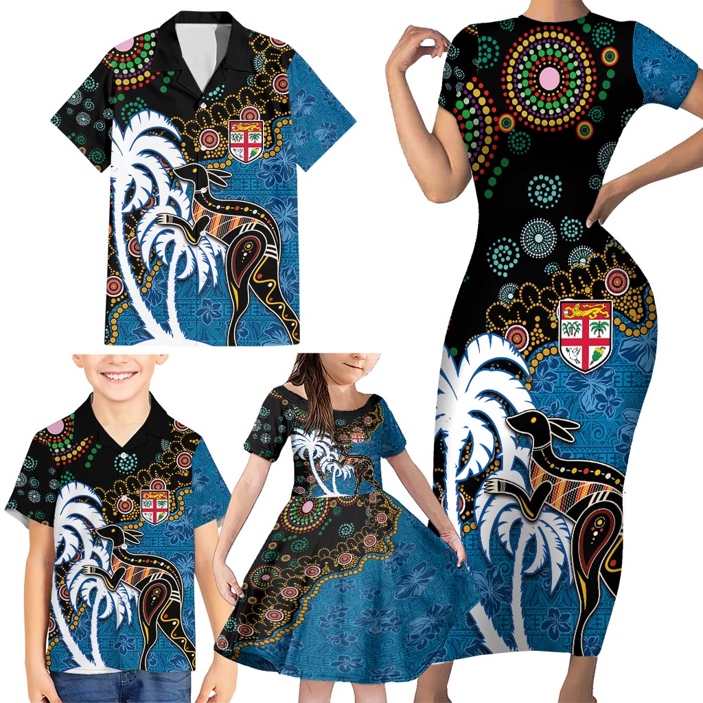 Fiji Palm Tree and Australia Kangaroo Family Matching Short Sleeve Bodycon Dress and Hawaiian Shirt Aboriginal Mix Tapa Pattern