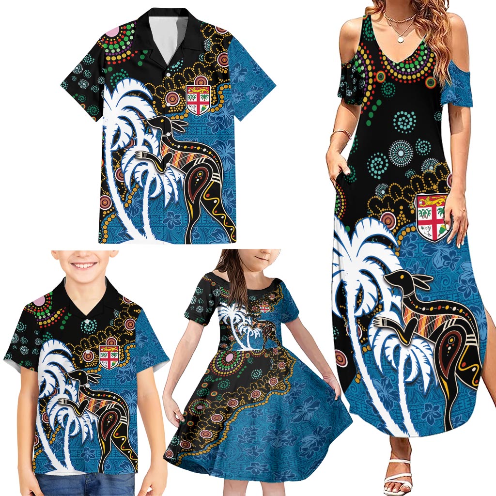 Fiji Palm Tree and Australia Kangaroo Family Matching Summer Maxi Dress and Hawaiian Shirt Aboriginal Mix Tapa Pattern