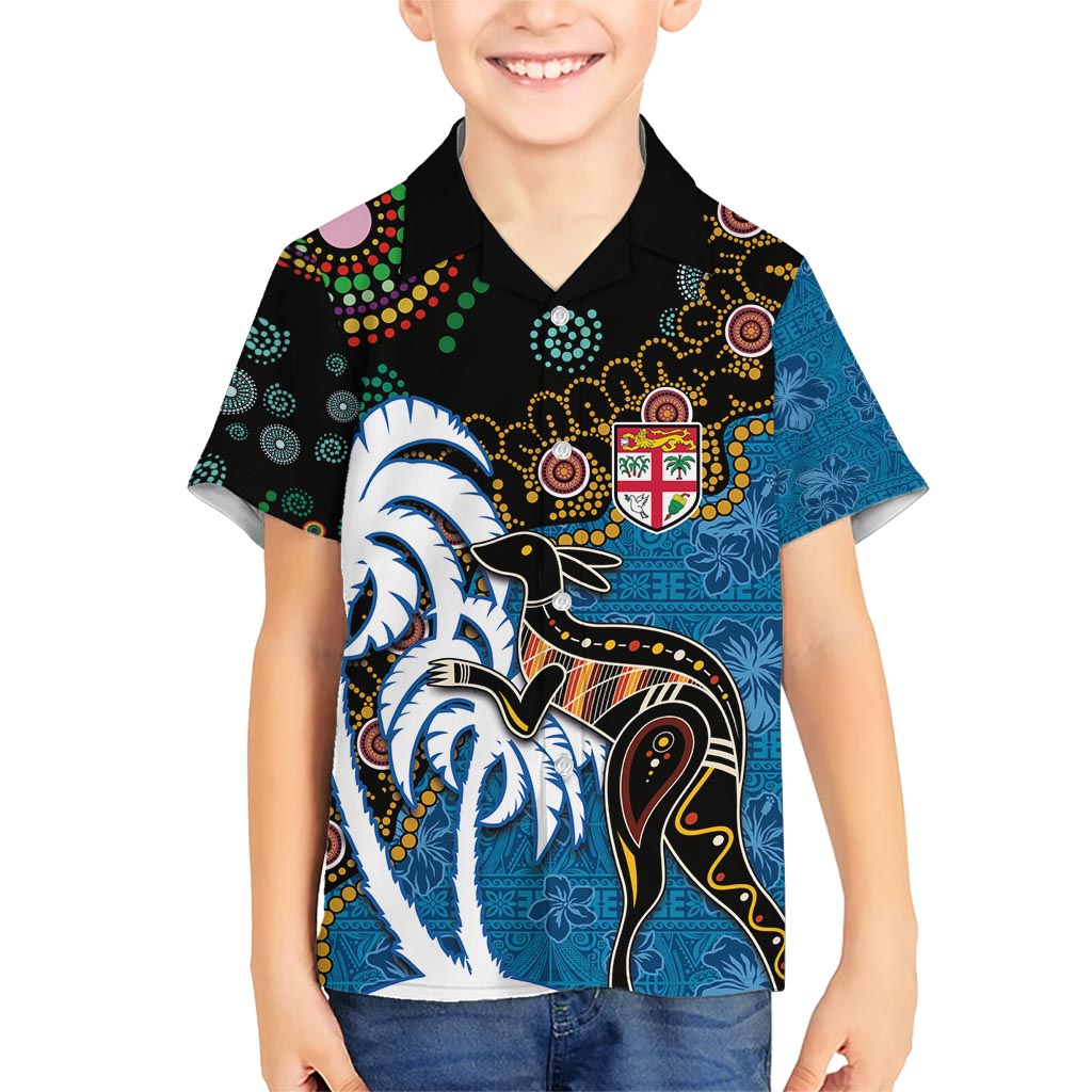 Fiji Palm Tree and Australia Kangaroo Kid Hawaiian Shirt Aboriginal Mix Tapa Pattern